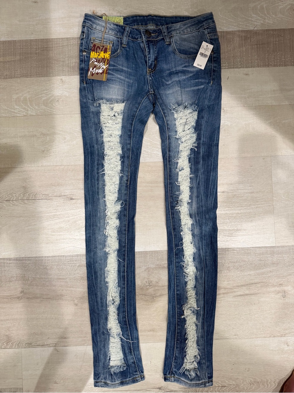 Machine Women’s Stretchy Blue Skinny Jeans with White Frayed Stripes